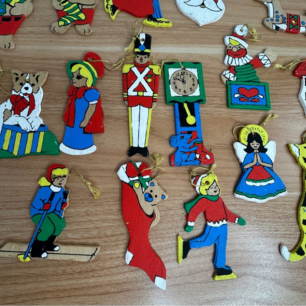Lot Of 26 Vintage Wooden Christmas Ornaments Hand Painted Double Sided